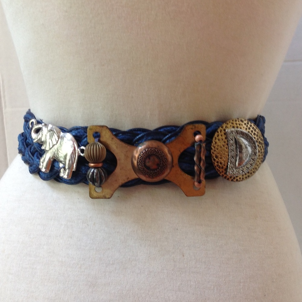 Vintage Rhea Blue Elephant Belt Braided Brass Wrap
